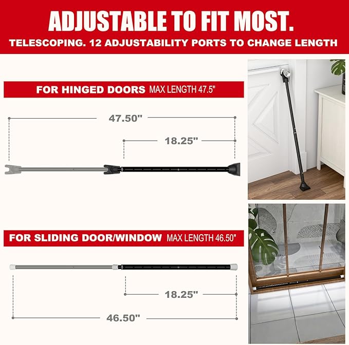 SECURITYMAN 3-in-1 Door Security Bar, Security Door Stoppers & Door Barricade – Heavy Duty Adjustable Iron Security Lock Bar for Home Defense, Apartment & Travel Safety (1 Pack - Black)