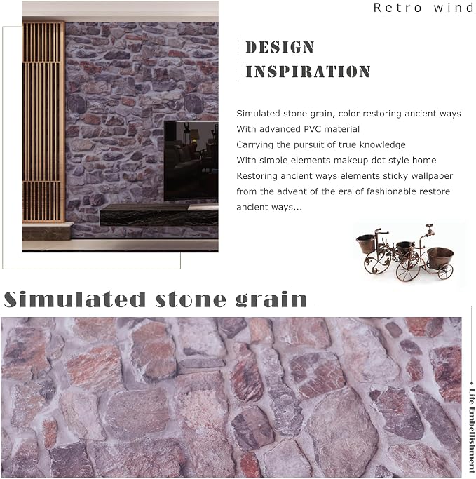 Red Brick Wallpaper Peel and Stick Realistic Distressed Textured Rock Stone Waterproof Self Adhesive Contact Paper Vintage Removable Vinyl Wall Paper Faux Brick Look Wall Covering 23.6" X 118"