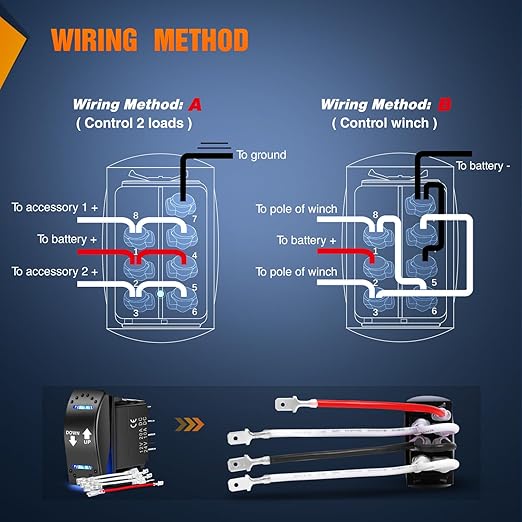 Nilight Down Up Polarity Reverse Blue LED Switch DPDT 20A 12V 24V 7PIN Momentary Rocker ON Off ON Toggle with Jumper Wires and Adaptor for Control Motor for Hoist Crane Linear Actuator