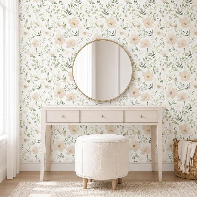 Floral Peel and Stick Wallpaper 17.7in x 118in | Watercolor flower removable self adhesive design for cottagecore bedroom accent walls