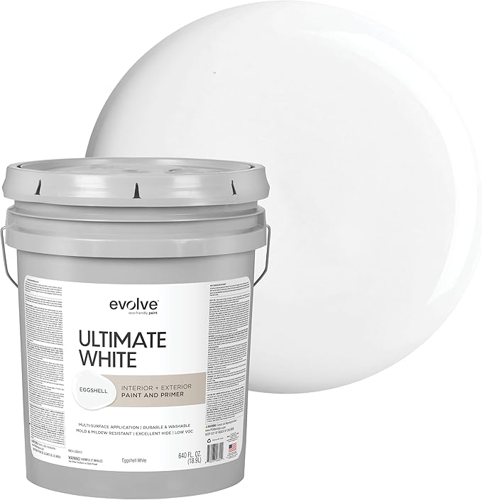 EVOLVE Ultimate White Paint & Primer in One, Eggshell White, 5 Gallon – Interior & Exterior, One-Coat Coverage, Excellent Hide, Low Odor, Low VOC, Washable Paint for Walls, Ceilings & Trim
