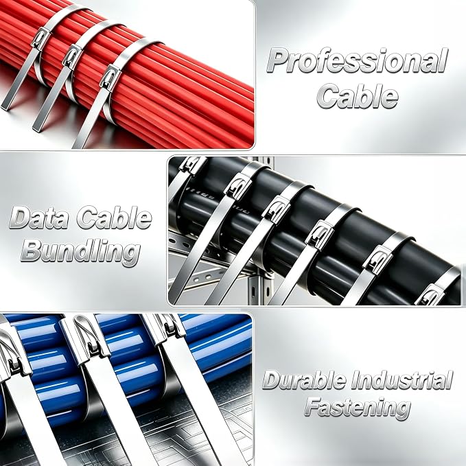200PCS 11.8Inch 304‑Steel Cable‑Ties Kit with Tie‑Gun & Protective Gloves | High‑strength 304‑steel zip ties provide long‑lasting secure fastening for outdoor‑fence installations.