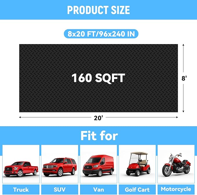 8x20 FT Garage Floor Mat, 2.8mm Thickened PVC Flooring Roll for Under Car, 160 SQFT Diamond Plate Black Garage Mats for Garage, Warehouse, Basement, Gyms, Trailer（Included Tapes）