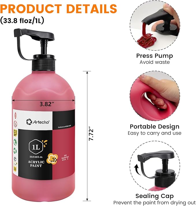 Artecho Scarlet Red Acrylic Paint 1000ml (33.8 fl oz) with Pump Dispenser – High Pigment for Exceptional Coverage, Large Bottle Craft Paint for Canvas, Wood, Rocks, Fabric, Ceramic – Non-Toxic