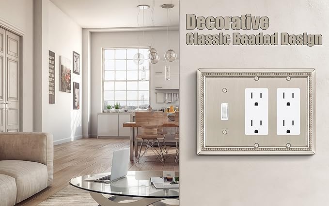 Henne Bery Sunken Pearls Heavy Duty Decorative Wall Plate Switch Plate Outlet Cover (Single Toggle/Double Decorator, Satin Nickel)