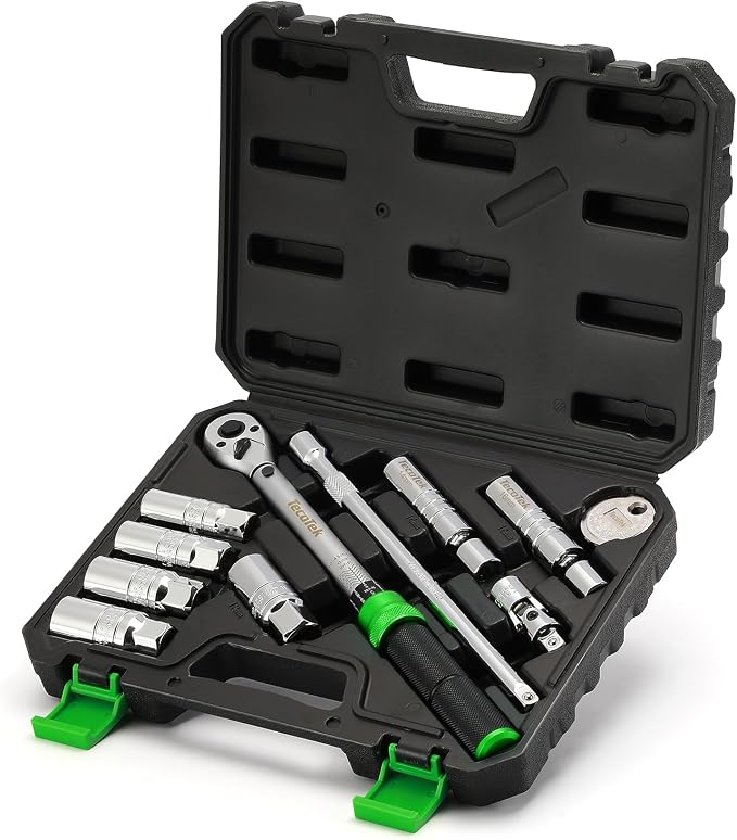 TecoTek 11Pcs 3/8" Drive Spark Plug Socket Set with Click Torque Wrench, Spark Plug Gapper, Universal Joint, Extension Bar, 9/16", 5/8", 3/4", 13/16", 14, 16 and 18mm, CR-V Sockets with Rubber Rings