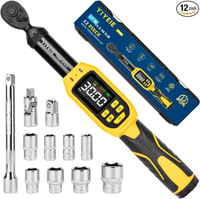 Digital Torque Wrench 1/4" Drive, 1.1-22.1 Ft-lb/1.5-30 N.m (±1% Accuracy) | Color LCD, Buzzer & LED Alert, 12PC Bike Torque Wrench Digital with Sockets & Adapters for MTB, Motorcycle & DIY