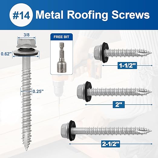 FMhotu Metal Roofing Screws #14×2-1/2Inch, 500-PCS, Hex Head Rustpert Coating Sheet Metal to Wood Siding Screw with EPDM Rubber Washer, Sharp Point, Hex Socket Included