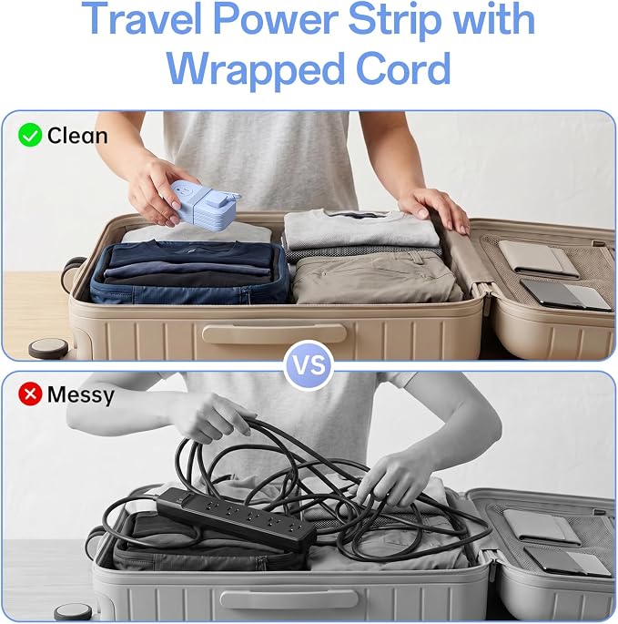 Travel Power Strip, SMALLRT 2 Pcs Extension Cord with Multiple Outlets, 3.3FT Wrapped Extension Flat Plug Power Strip with 4 AC Outlets for Travel, Hotel, Cruise Approved, No Surge Protection, Blue