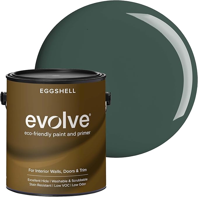 EVOLVE Interior Paint & Primer, Eggshell (Green Pine), 1 Gallon – One-Coat Coverage, Excellent Hide, Low VOC, Low Odor, Washable Paint for Walls, Doors & Trim
