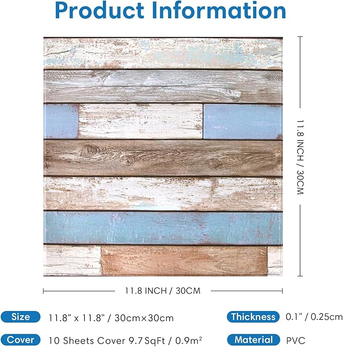 COMSTICKC Peel and Stick Faux Wood Wall Sticker Wall Panels, 10 Pcs of 12" x 12", Ultra-Light Thin PVC 3D Fake Wood Shiplap Self-Adhesive Wall Covering Wallpaper Interior Farmhouse Decor, Blue Brown