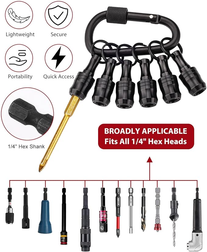 katerk 6pcs Bit Holder with Carabiner Socket for Mens Gift, 1/4 inch Hex Shank Aluminum Alloy Screwdriver Bit Holders, Quick Release Easy Change Impact Driver Drill Bit Keychain Extension (Black)