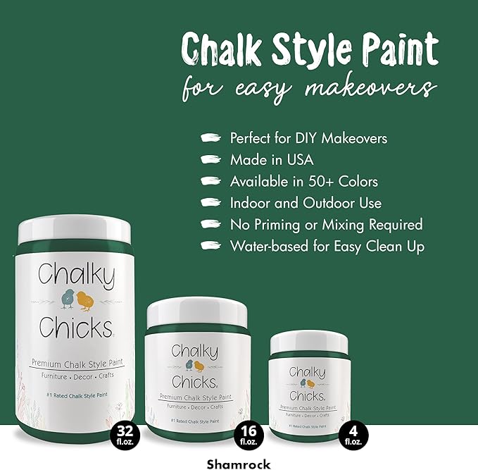 Chalky Chicks 16 Fl Oz Matte Shamrock (Dark Green) Chalk Paint for Furniture Without Sanding - No Prep Furniture Paint No Sanding All in One for Crafts, Walls, Cabinet, Metal, Dresser, Farmhouse