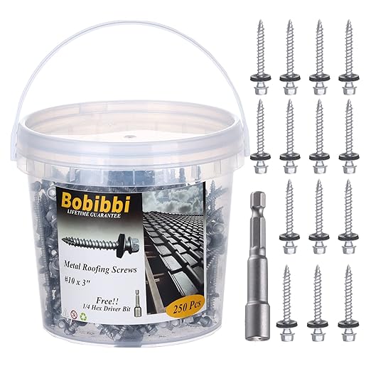 Metal Roofing Screws 10 x 3 inch, Hex Head Sheet Metal Roof Screw with EPDM Washer for Corrugated Roofing (250Pcs)