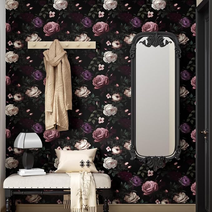 Fvlow Pink Rose Dark Floral Peel and Stick Wallpaper 17.4" x 788" | Renter Friendly, Removable & Waterproof, Vinyl Easy Install for Bedrooms, Bathrooms, Kitchens, Cabinets and Home Decor