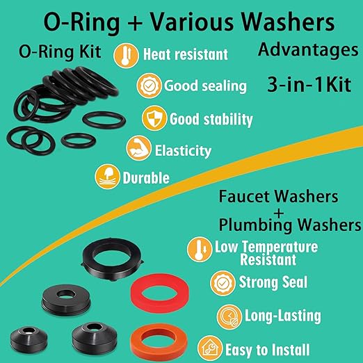 XBVV 37 Size 1075 Pcs Faucet Washers & O-Rings Kit & Plumbing Gasket 3-in-1 Home Universal Rubber Washers Assortment Kit for Faucet Hose Spigot Plumbing Seal Repair with Pick Hook