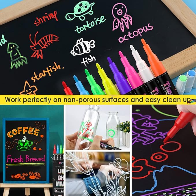 Timart Liquid Chalk Markers, 3mm Fine Tip Chalk Pens, 8 Colors Washable Window Markers for Chalkboard, Dry Erase Marker Pens for Car, Blackboard & Bistro, Non-Toxic,Wet Erase - Reversible Tip