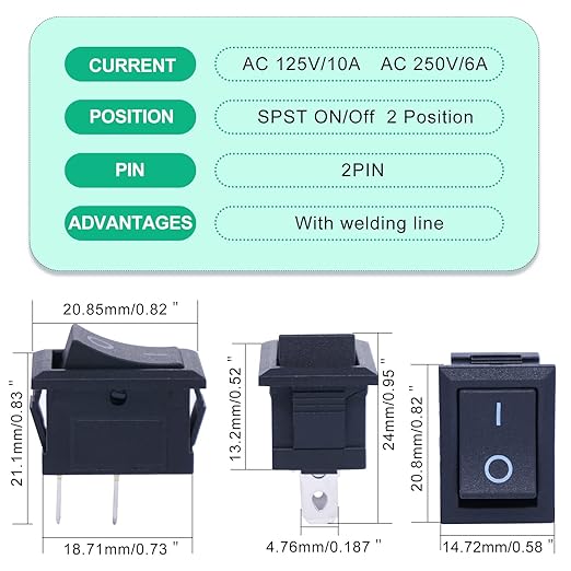Twidec/10Pcs Rocker Switch AC 6A/250V 10A/125V SPST 2 Pins 2 Position ON/Off Car Boat Square Black Rocker Switch Toggle with Pre-soldered Wires KCD1-X-F