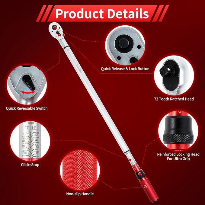 Hairich 3/4-Inch Drive Click Torque Wrench, 48 tooth 100-700ft.lb/136-949Nm | Professional Inch Pound Torque Wrench, for Maintenance Tool and Product Assembly