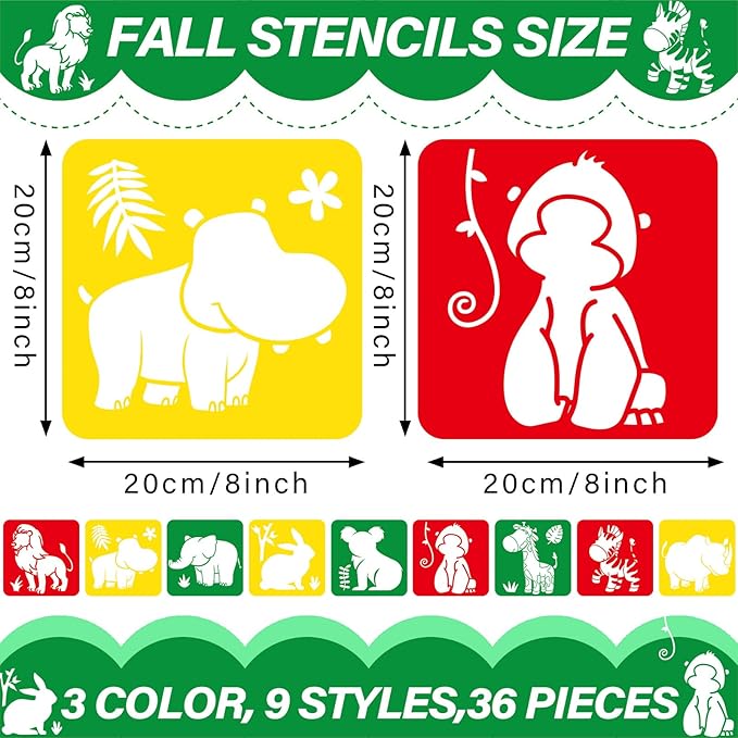 36pcs Animal Drawing Stencils for Kids 8 Inch Sidewalk Chalk Stencils Painting Large Washable Reusable Jungle Animals Themed Primary Shape Template for Kids Toddlers Preschool