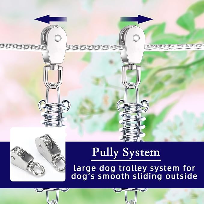 Dog Tie Out Runner for Yard,Trolley System for Large Dogs,Heavy Duty Dog Run Cable Lead 120ft with 10ft Pulley Runner Line for Small Medium and Large Dogs Up to 250lbs Running Outside Yard or Camping