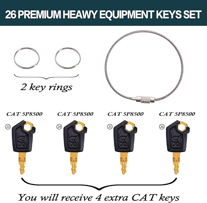 26-Piece Heavy Equipment Key Set: Universal Master Keys Compatible with CAT, John Deere, Komatsu, Kubota, JCB, Bobcat & 10+ Brands Durable Ignition Keys for Construction Operators