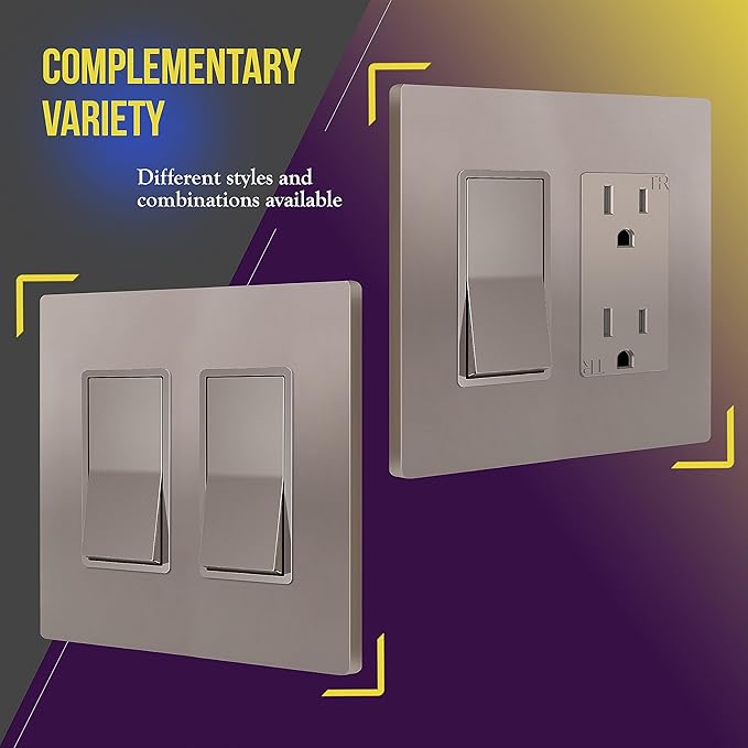 ENERLITES Elite Series Screwless Decorator Wall Plate Child Safe Outlet Cover, Size 2-Gang 4.68" H x 4.73" L, Unbreakable Polycarbonate Thermoplastic, SI8832-NK-10PCS, Glossy, Nickel (10 Pack)
