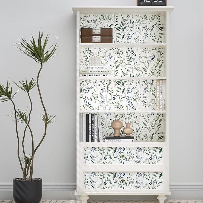 ILHIIOR Blue Leaf Wallpaper Boho Peel and Stick Wallpaper Green Leaf Vintage Contact Paper White Floral Wall Paper Removable Wallpapers Self Adhesive for Cabinet Drawers Wall Decor 17.5''x787''