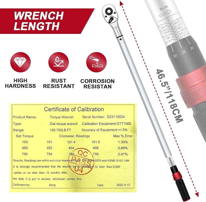 100-750ft. lb 3/4 Drive Torque Wrench, Dual-Direction Adjustable High Accuracy Torque Wrench, ±3% Click with Buckle for Car Trucks Oil Rigs Off-Road Equipment