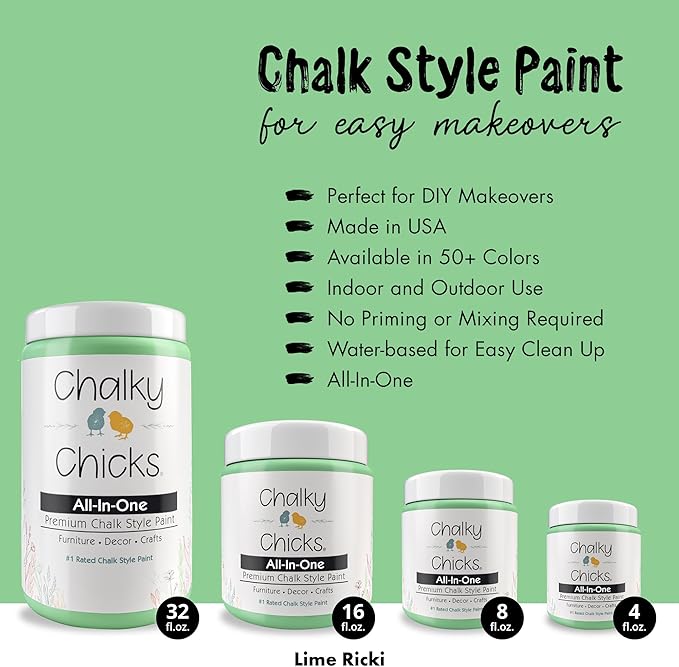 Chalky Chicks 4 Fl Oz Matte Lime Ricki (Lime Green) Chalk Paint for Furniture Without Sanding - No Prep Furniture Paint No Sanding All in One for Crafts, Wood, Walls, Cabinet, Metal, Dresser