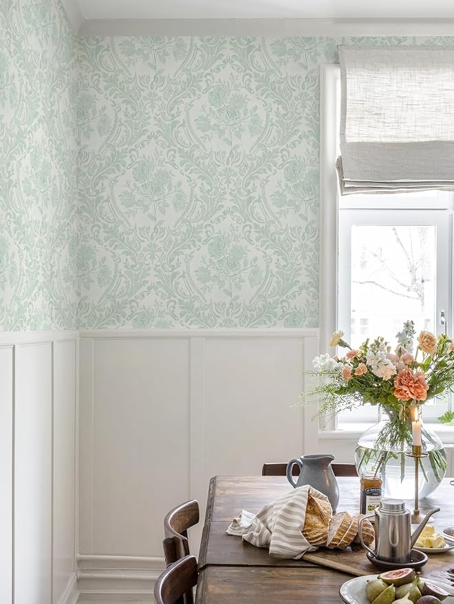 Ismoon Peel and Stick Wallpaper Vintage Floral Contact Paper Boho Watercolor Sage Green Damask Wallpaper Textured Removable Self Adhesive Vinyl Wall Paper for Bedroom, 17.3 in X 32.7 ft