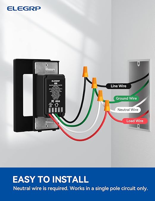 ELEGRP Smart Light Switch, 2.4GHz Wi-Fi Light Switch Compatible with Alexa & Google Assistant, Neutral Wire Required, APP Control and Timer Schedule, UL Certified,Single Pole, Black, 2 Pack