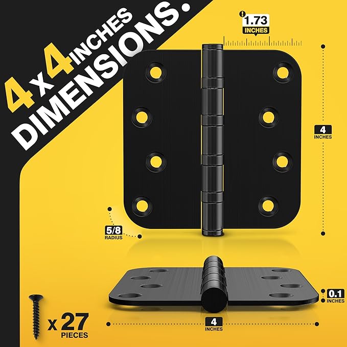 KOLET Ball Bearing Door Hinges, 4 x 4 Inches Door Hinges, Heavy Duty Stainless Steel Hinges, 5/8'' Radius Corner, Smooth and Quiet, Non Removable Pin, Matte Black, 3 Pack