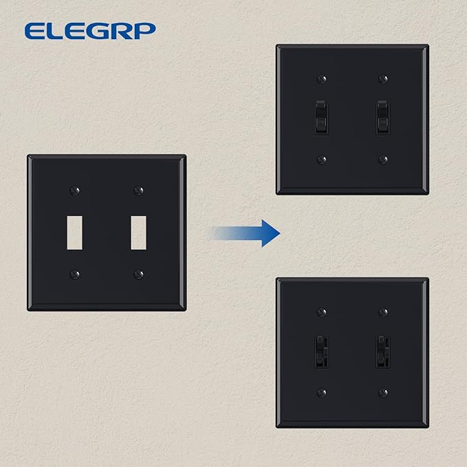 ELEGRP 2-Gang Toggle Switch Wall Plates, Standard Size 4.53" height x 4.57" length Unbreakable Thermoplastic Faceplate Cover for Toggle Dimmer Light Switches, UL Listed (1 Pack, Glossy Black)