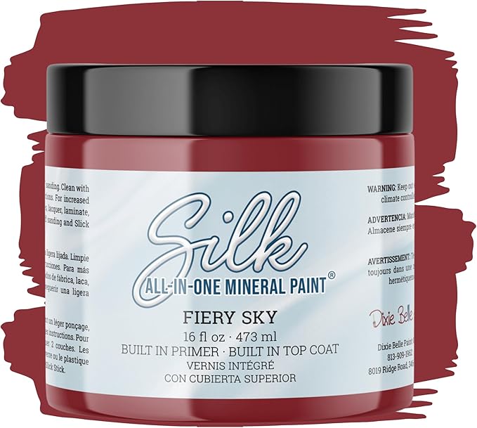 Dixie Belle Silk All-in-One Mineral Paint - Fiery Sky (16oz) - Rich Red Water Based Built-In Primer + Topcoat for Wood + Metal - Durable Furniture Paint - Low Reflective Finish