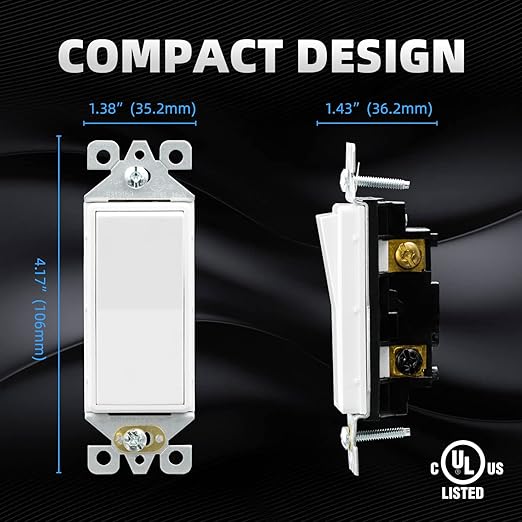 ELEGRP 3 Way Decorative Light Switch, 15Amp, 120-277 Volt, AC Decorator Rocker Paddle Wall Switch Replacement, Self-Grounding, Residential and Commercial Grade, UL Listed (20 Pack, Glossy White)