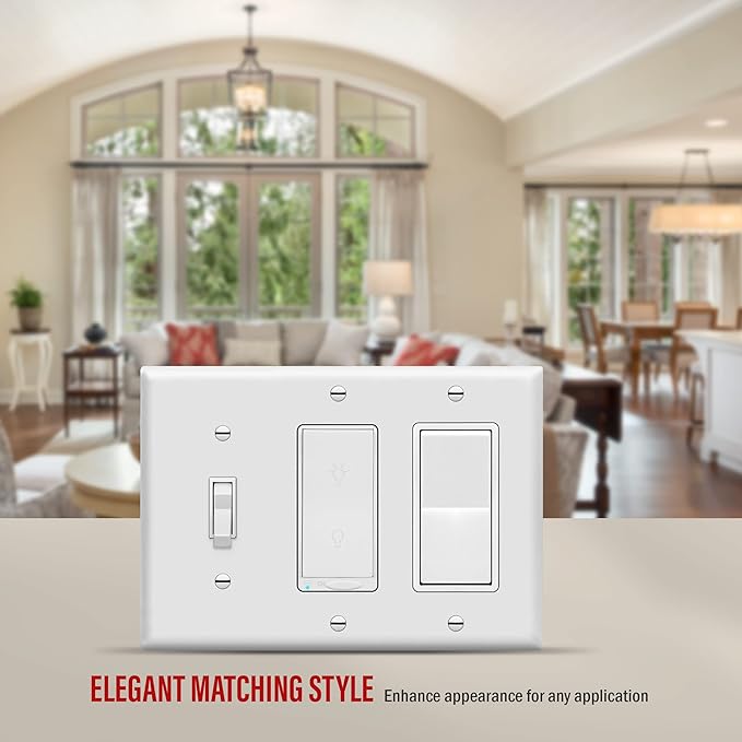 ENERLITES Combination Single Toggle/Double Decorator Rocker Outlet Wall Plate, Standard Size 3-Gang Light Switch Cover (4.5 x 6.38), Polycarbonate Thermoplastic, UL Listed, 881132-W, White, 10 Pack