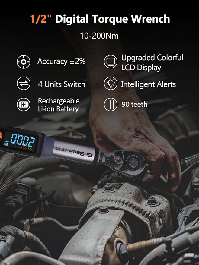 Goseek Upgraded Rechargeable Digital Torque Wrench 90 Tooth, 7.4-147.5 Ft-lbs/10-200Nm, 1/2'' Drive Electric Torque Wrench with Buzzer & LED & Vibration for Motorcycle Car Tires Repair