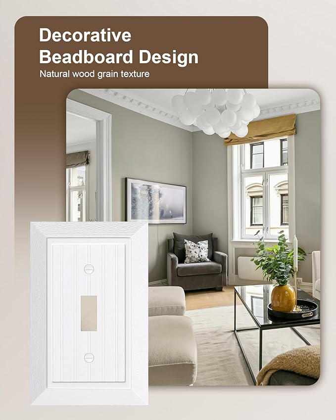 2-Pack Classic Beadboard Single Toggle Light Switch Cover Plate, Unbreakable Polycarbonate Decorative Switch Plate Covers, Pure White 1 Gang Wall Plate