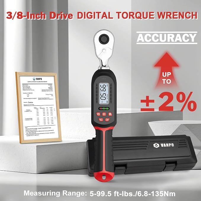VANPO Digital Torque Wrench 3/8-Inch Drive, 5-99.5 ft-lb, for Motorcycle | 6.8-135Nm, ±2% Accuracy, Electronic Torque Wrench with Preset Value, Buzzer and LED Notification for Automotive & Bicycle