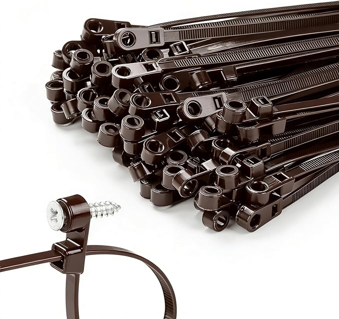 200 PCS 12 inch Brown Zip Ties with Screw Hole 70lbs Mountable head Cable Ties Straps Multipurpose Heavy Duty Nylon Cable Zip Ties with Screw Mounting Hole