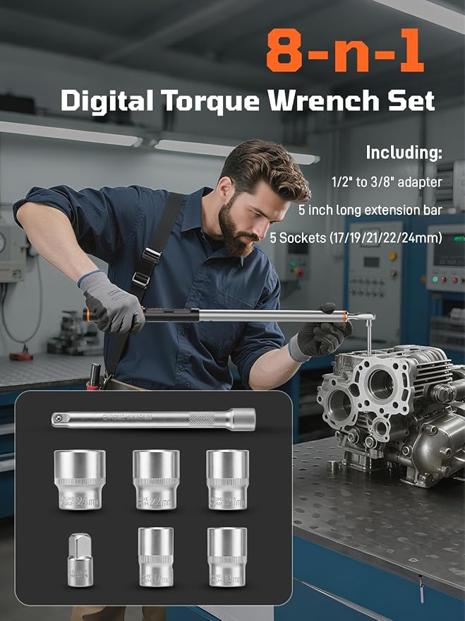 Digital Torque Wrench, 12.54-250.8 Ft.lb /17-340 Nm, 1/2" Drive In Lb Torque Wrench Electronic with Buzzer & LCD Indicator, Torque Wrench Set for Cars Automotive