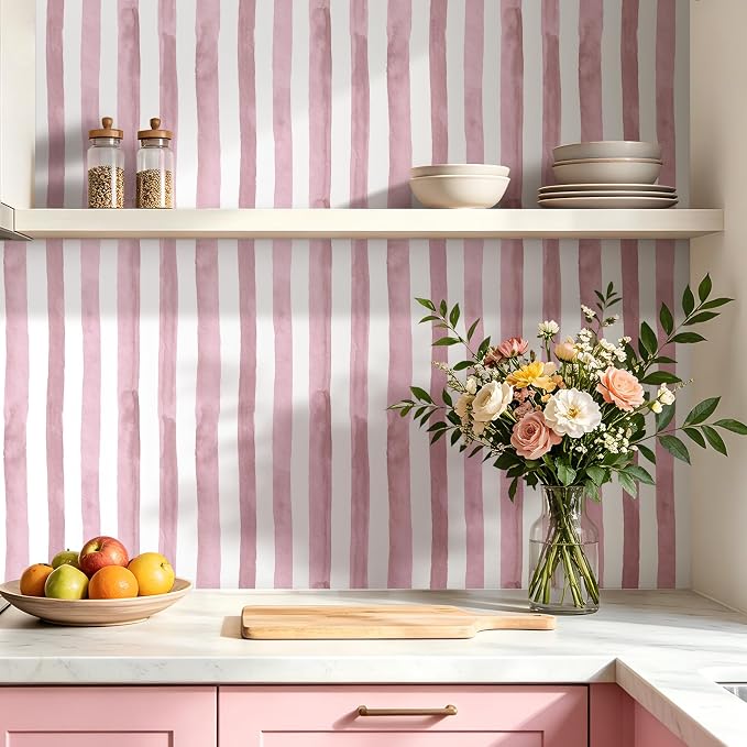 Pink Striped Wallpaper Peel and Stick Stripe Wallpaper Pink and White Striped Contact Paper Stripes Watercolor Stripe Prepasted Bathroom Adhesive Cute Girls Room Girl Girly Removable 17.5x80 HelloWall