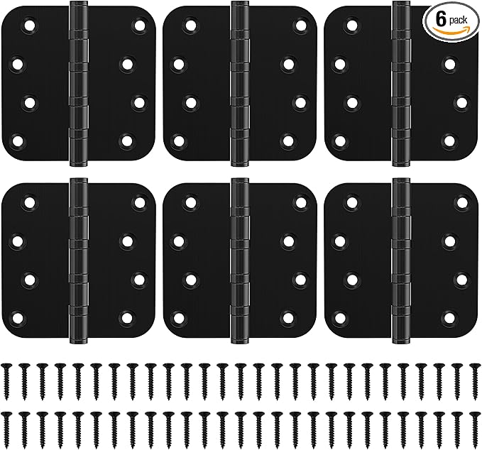 KOLET Ball Bearing Door Hinges, 4 x 4 Inches Black Door Hinges, Heavy Duty Stainless Steel Hinges, 5/8'' Radius Corner, Smooth and Quiet, Non Removable Pin, Matte Black, 6 Pack