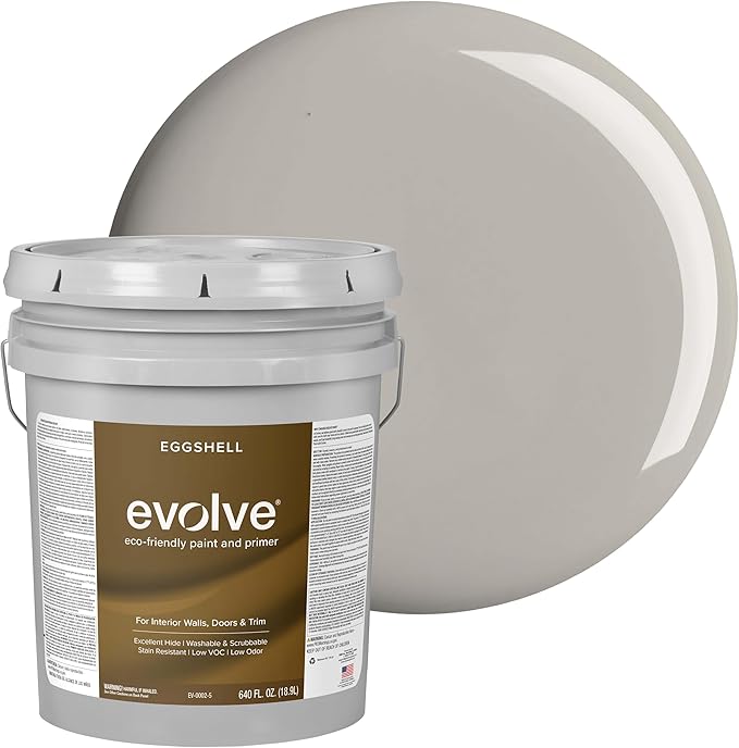 EVOLVE Interior Paint & Primer, Eggshell (Thoughtful Gray), 5 Gallon – One-Coat Coverage, Excellent Hide, Low VOC, Low Odor, Washable Paint for Walls, Doors & Trim