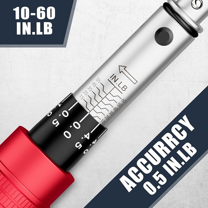 VANPO Spoke Torque Wrench, 10–60 in-lb, for Motorcycle Wheel Maintenance | 1/4" Drive Small Torque Wrench Kit with 9 Spoke Wrench Heads (5.1-6.9mm) & Spline, Spoke Wrench for Mountain, Road Bike