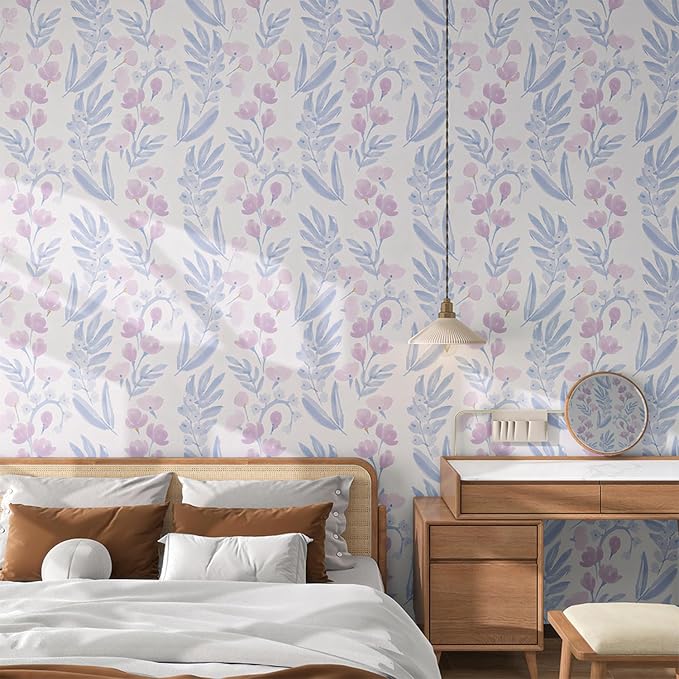 Floral Peel and Stick Wallpaper, Purple, 17.7"x393" | Self-Adhesive, Vinyl, Removable, Boho Contact Paper, Flower Wall Paper for Bedroom, Living Room, Bathroom