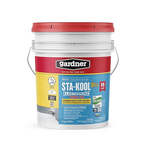 Gardner-Gibson Sta-Kool 15-Year Turbo-Dri Elastomeric Roof Coating, White, 5 Gal., Flexible White Acrylic Roof Coating, Reflective Finish Keeps Cool, Great for RV