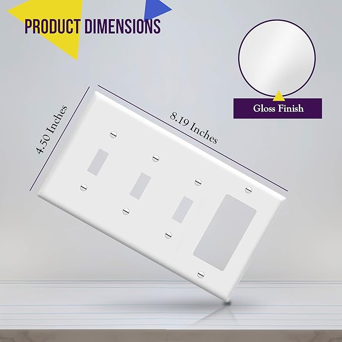 ENERLITES Combination Triple Toggle/Single Decorator Rocker Outlet Wall Plate, Standard Size 4-Gang Light Switch Cover (4.50" x 8.19"), Polycarbonate Thermoplastic, UL Listed, 881331-W, White