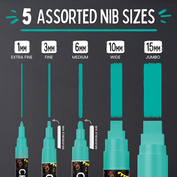 Chalkola 5 Teal Chalk Markers - Dry Erase Markers for Blackboard, Chalkboard Signs, Windows, Glass, Car | Variety Pack - Chalkboard Chalk Pens, Fine & Jumbo Size Ink Pen (1mm, 3mm, 6mm, 10mm, 15mm)
